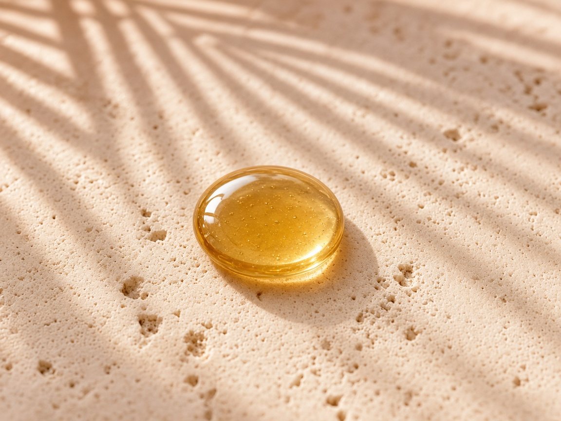 A single golden drop of serum on pale travertine stone