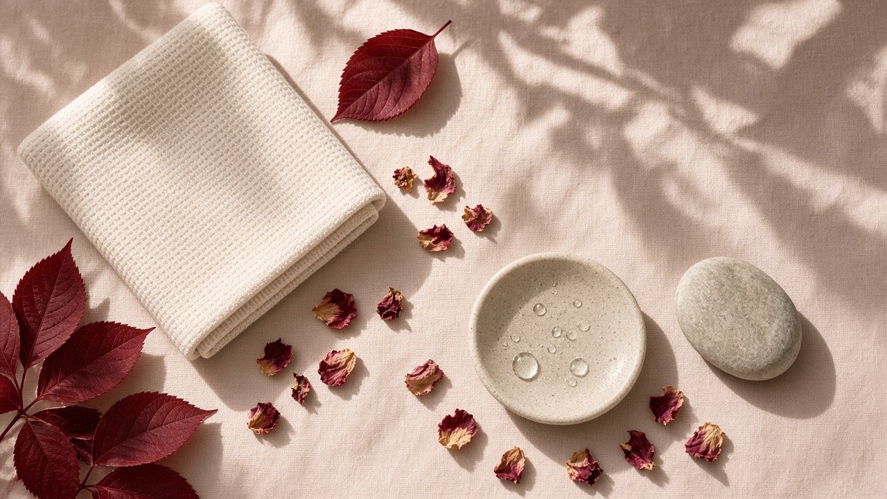 Cream towel, red leaves, rose petals and a stone dish with water droplets on blush linen