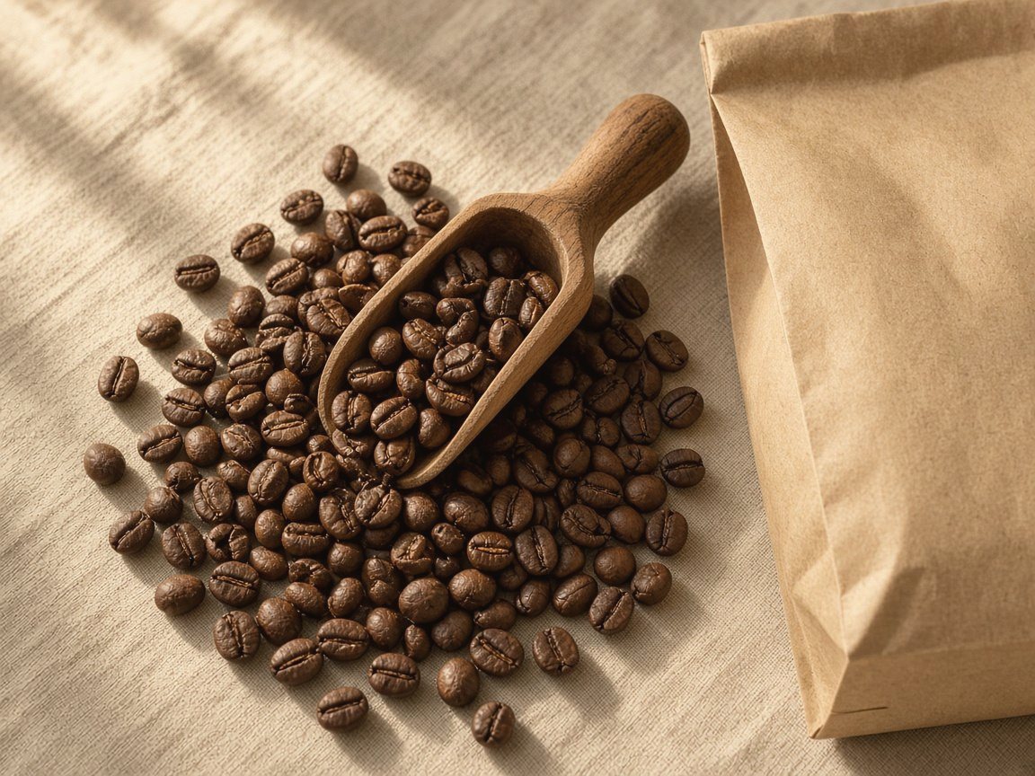 Freshly roasted coffee beans with a wooden scoop and a kraft bag